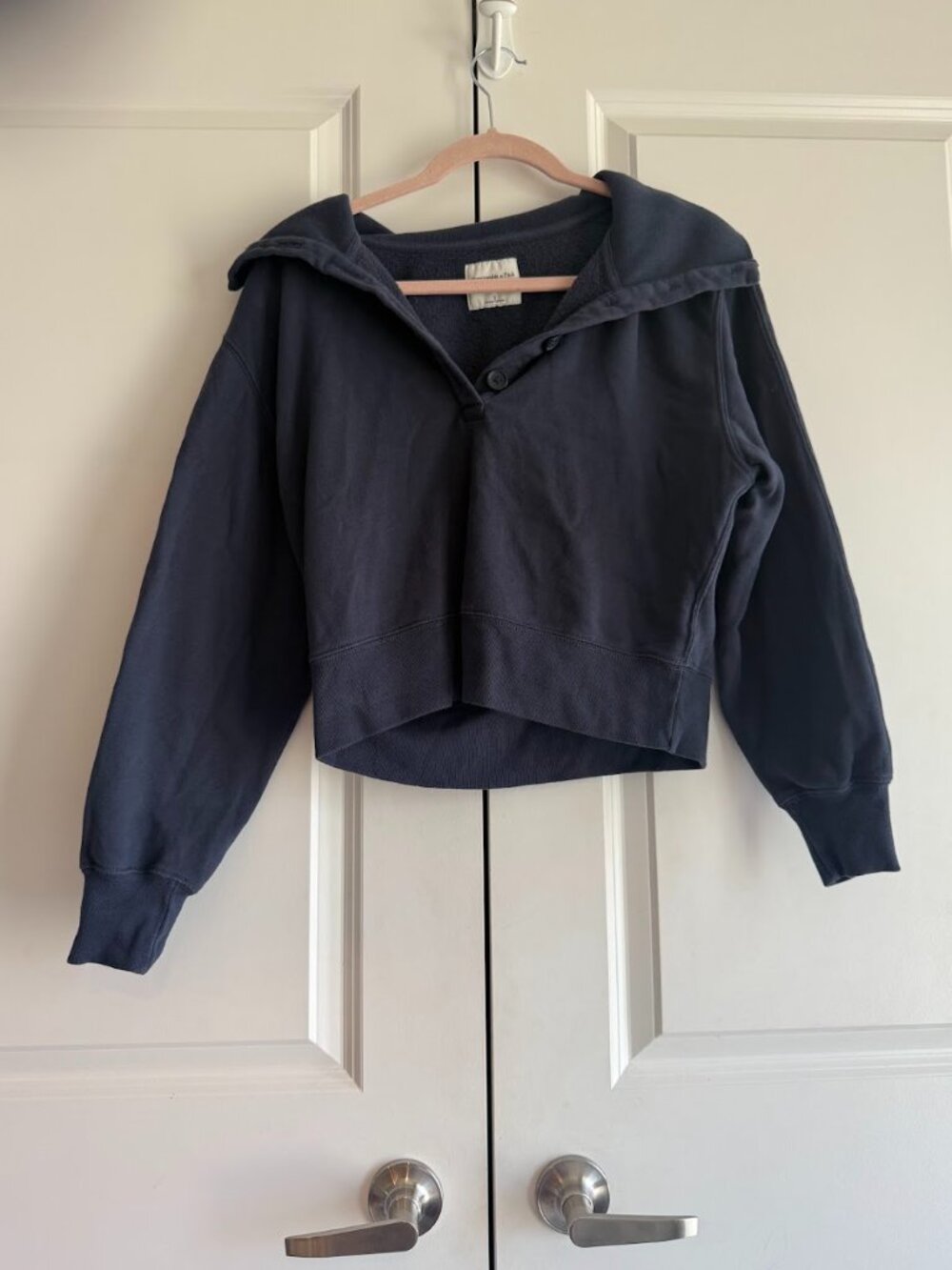 Abercrombie & Fitch Navy Cropped Button-Up Sweatshirt | Size Small